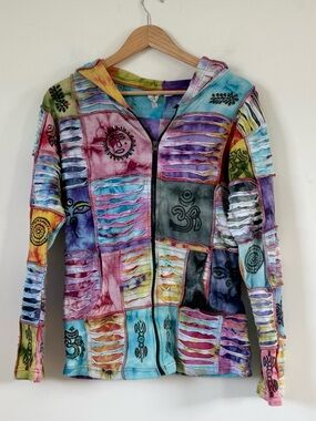 Vintage Festival Boho Tribal Y2K Patchwork Razor Cut Zip Up Hoodie size L